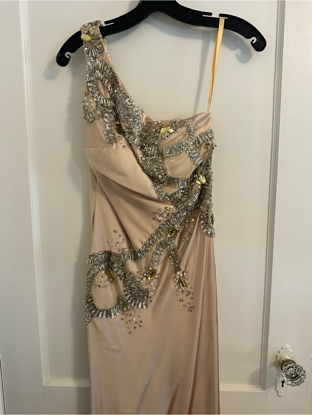 Jovani One-Shoulder Beaded Gown in Blush and Silver